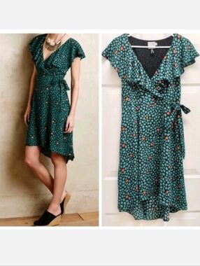 HD in Paris Anthropologie Faux Wrap Dress Teal Size 4 Ruffle Cottagecore Fairy